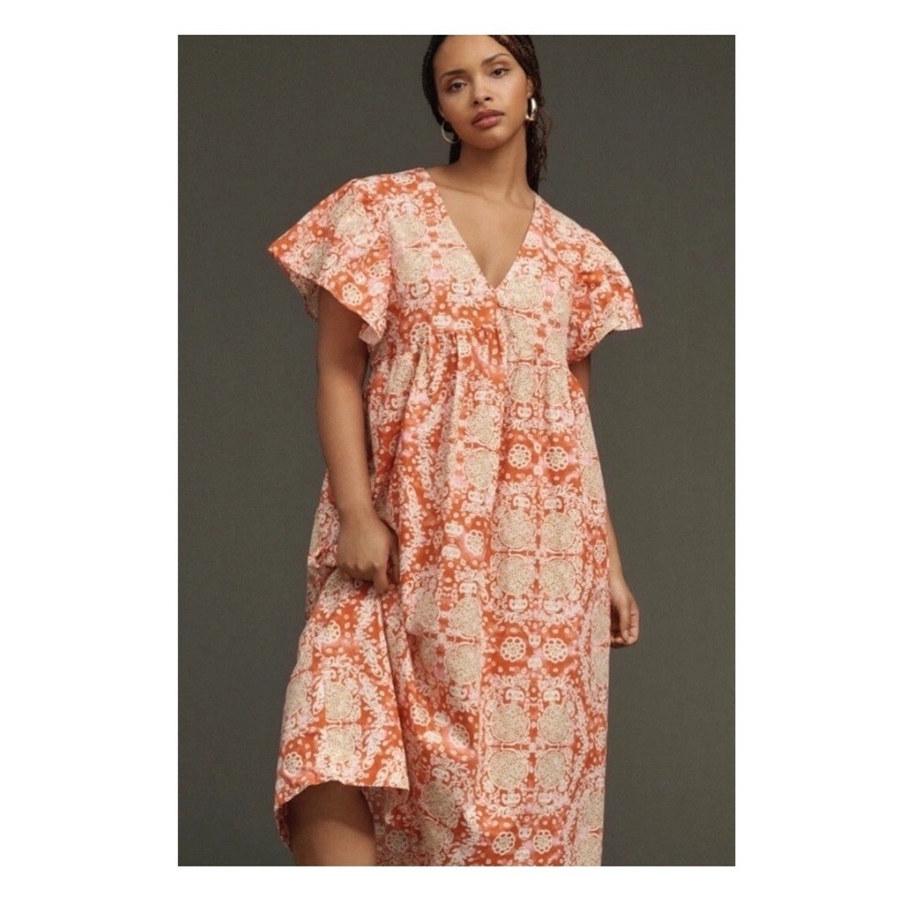 NEW Anthropologie Maeve Printed Flutter-Sleeve Babydoll Dress Size M $148 Multi